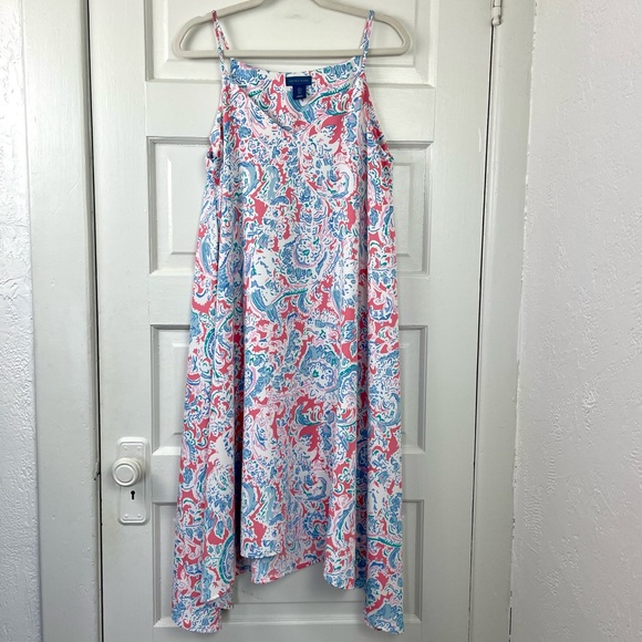 Antibes Blanc Blue Pink Floral V-Neck Cami Strap Butterfly Hem Swing Sundress S - Picture 1 of 11